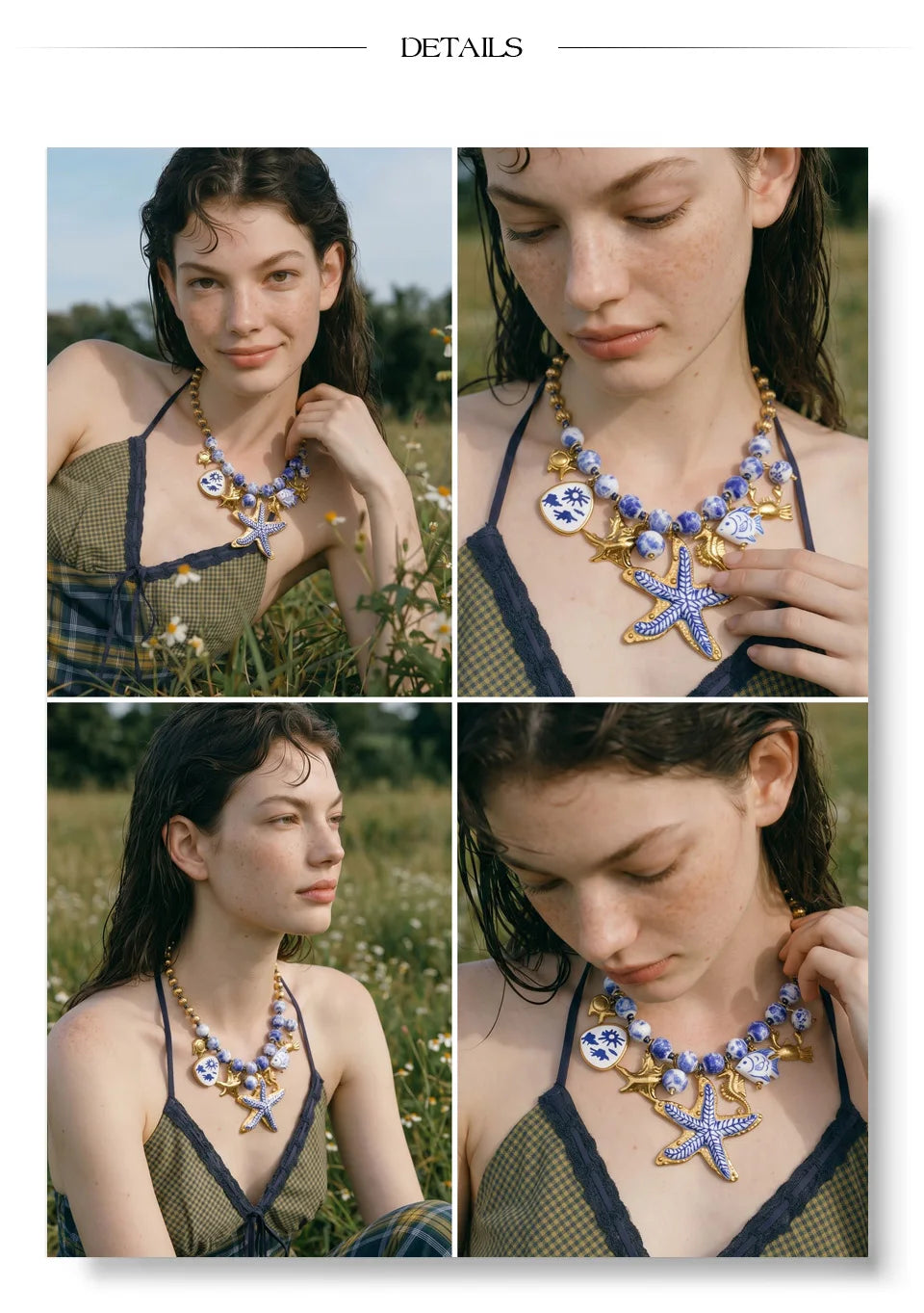 Yhpup Ocean Series Ceramic Beads Chain Fish Starfish Drop Charm Statement Necklace Exclusive Style Handmade Collar Jewelry