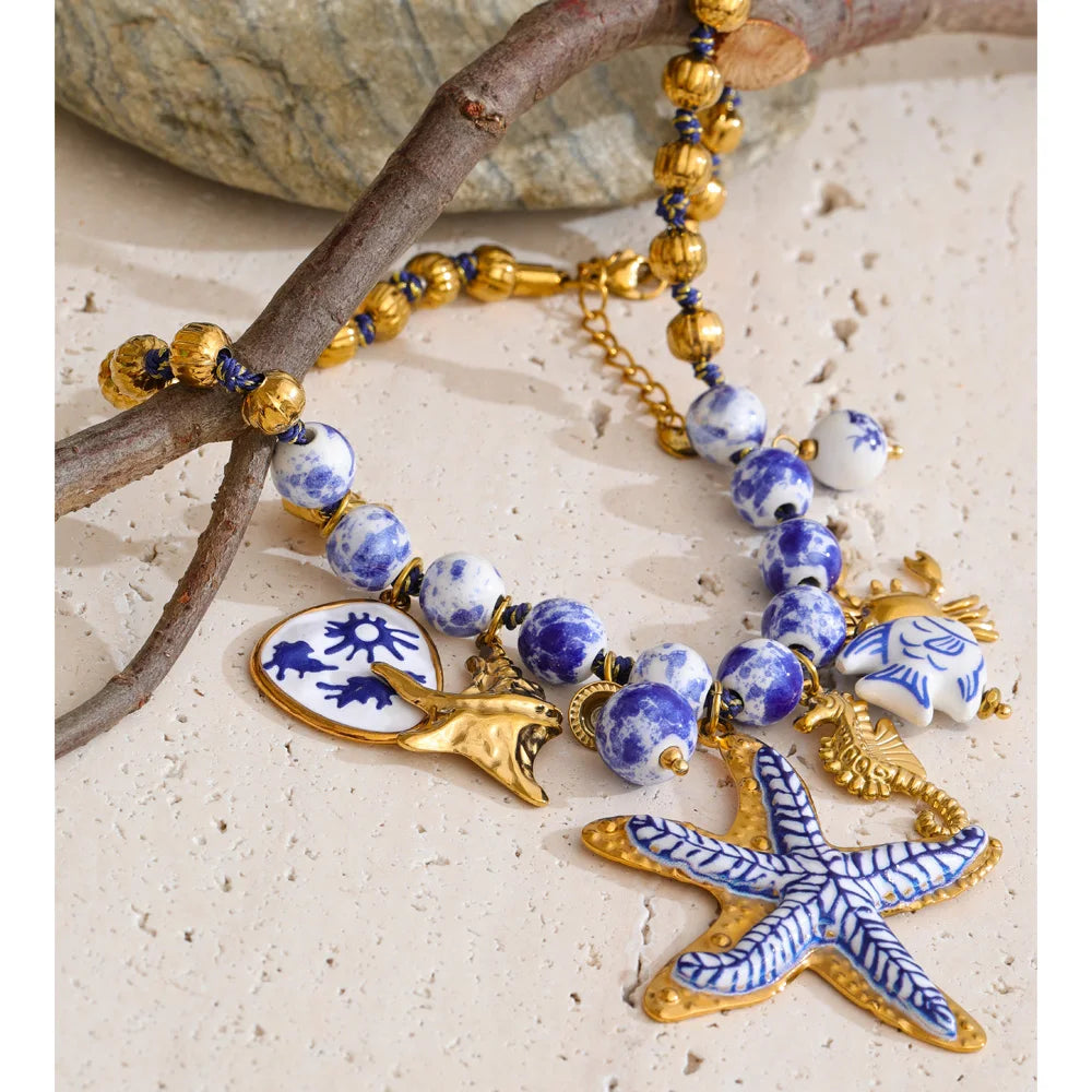 Yhpup Ocean Series Ceramic Beads Chain Fish Starfish Drop Charm Statement Necklace Exclusive Style Handmade Collar Jewelry
