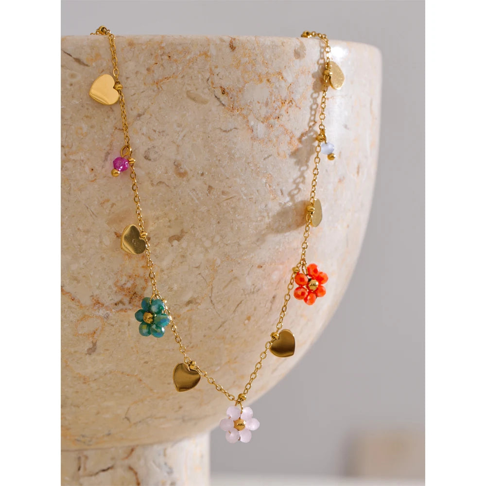 Yhpup Summer Fashion Crystal Flower Pendant Necklace for Women Stainless Steel Handmade Cute Collar Jewelry 2025 Waterproof