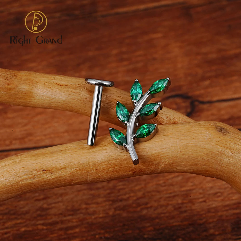 Right Grand ASTM F136 Titanium 16G Marquise CZ Leaves Stud Earring Leaf Shaped Helix Cartilage Conch Flat Back Piercing Jewelry