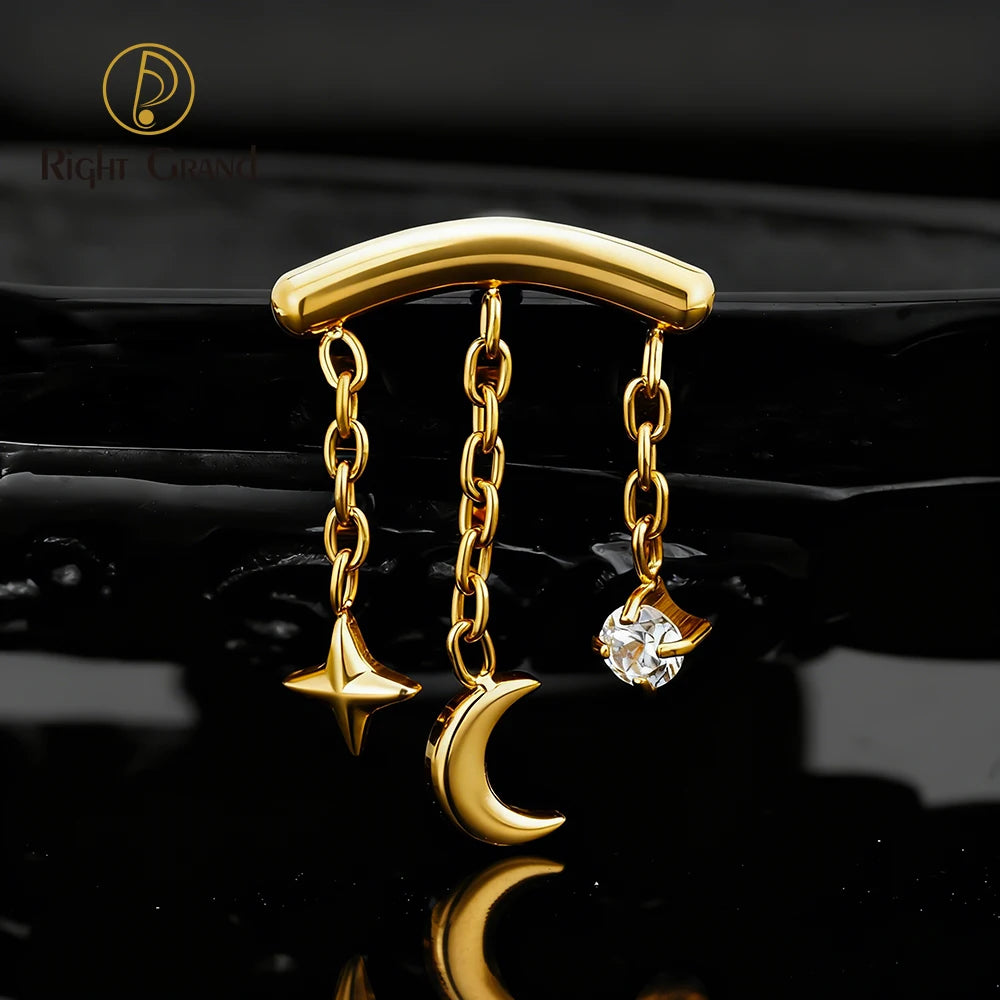 Right Grand ASTM F136 Titanium Hidden Helix Chain Earring 16G Dainty Star Moon CZ Dangle Cartilage Stud Piercing Jewelry