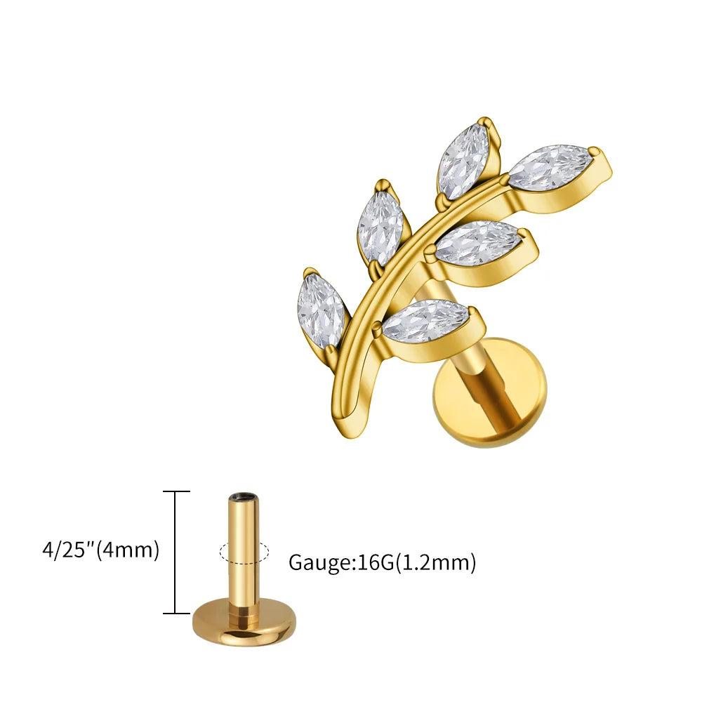 Right Grand ASTM F136 Titanium 16G Marquise CZ Leaves Stud Earring Leaf Shaped Helix Cartilage Conch Flat Back Piercing Jewelry