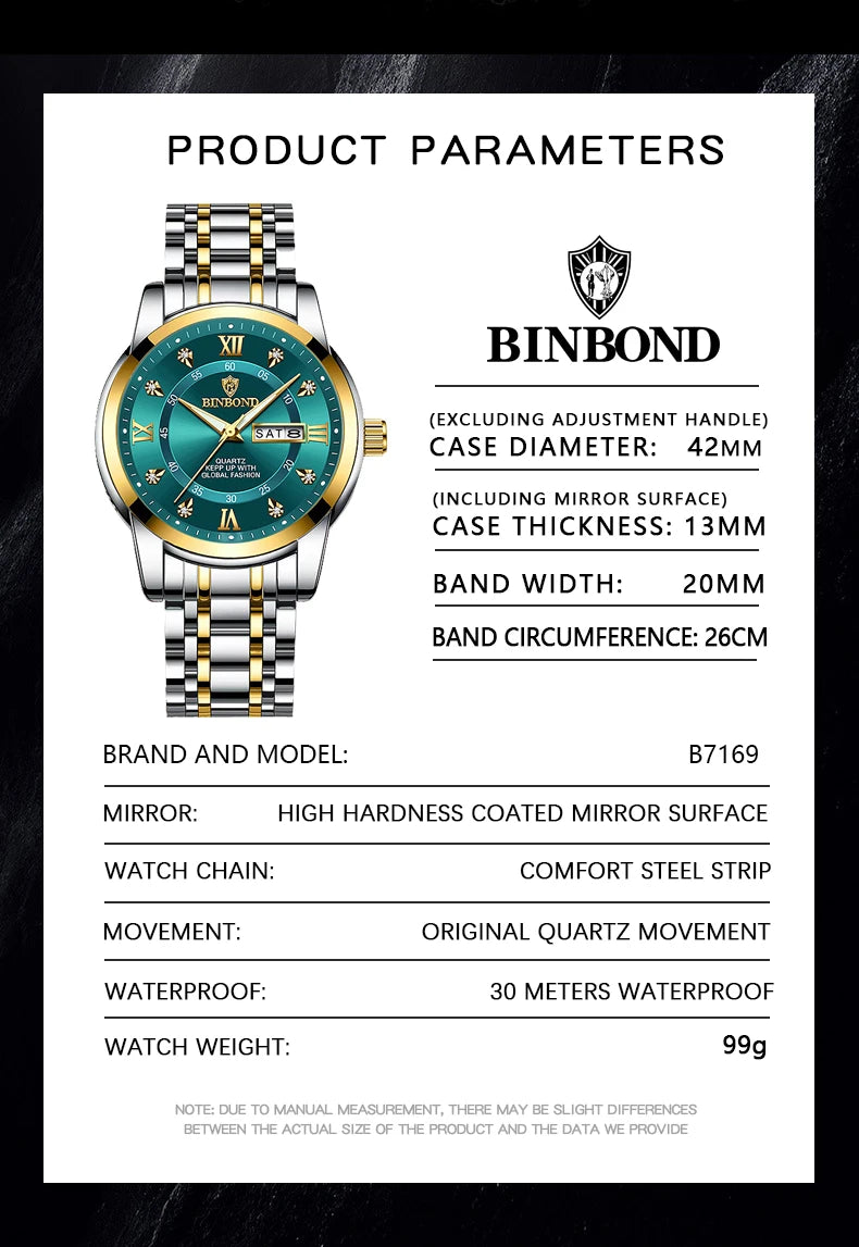 BINBOND 7169 Men's Watches Trend Fashion Star Ring Dial Original Quartz Watch for Man Waterproof Stainless Steel Luminous
