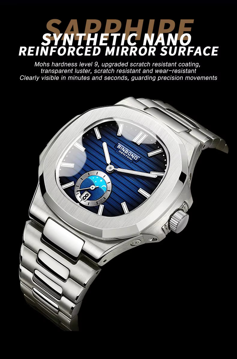 BINBOND Men's Business Quartz Watch – Stainless Steel Waterproof Wristwatch