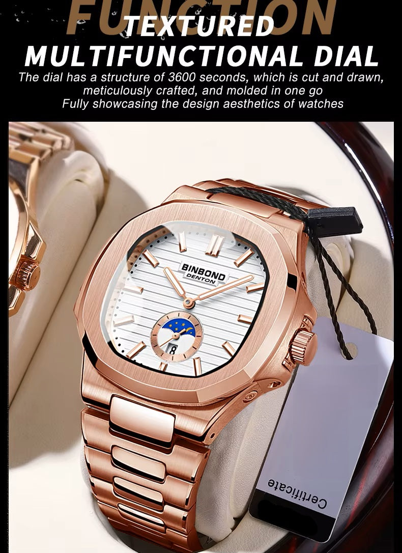 BINBOND Men's Business Quartz Watch – Stainless Steel Waterproof Wristwatch