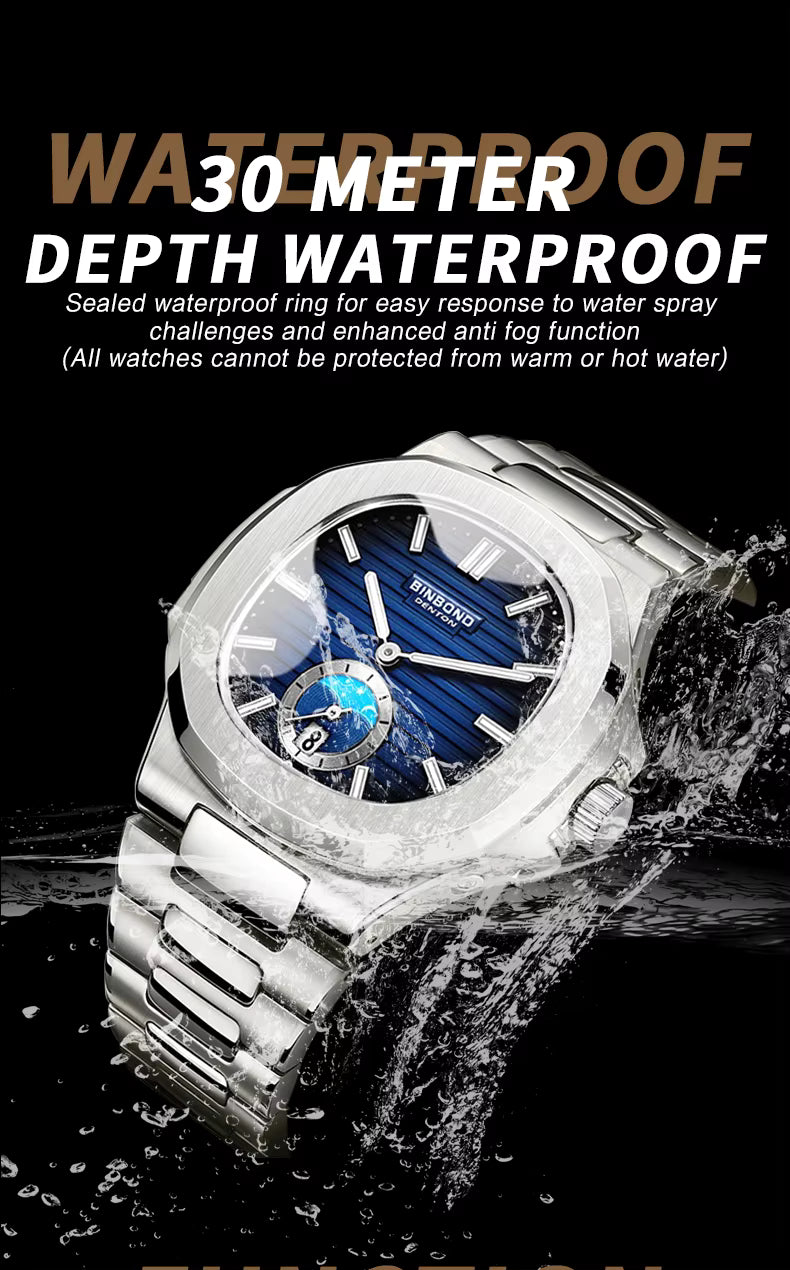 BINBOND Men's Business Quartz Watch – Stainless Steel Waterproof Wristwatch
