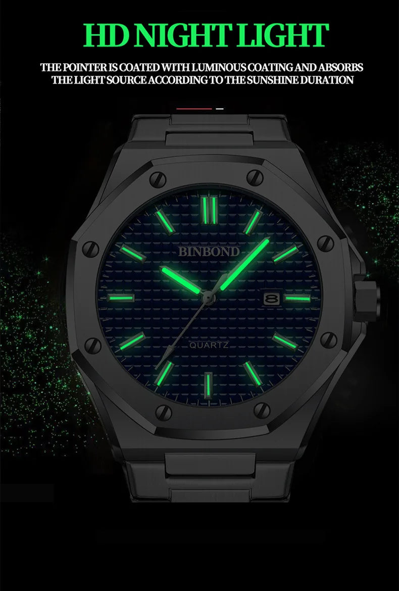 BINBOND B0233 Fashion Casual Men Watches Big Dial blackStainless Steel Calendar Quartz Wristwatch Classic Top Brand Male Clock