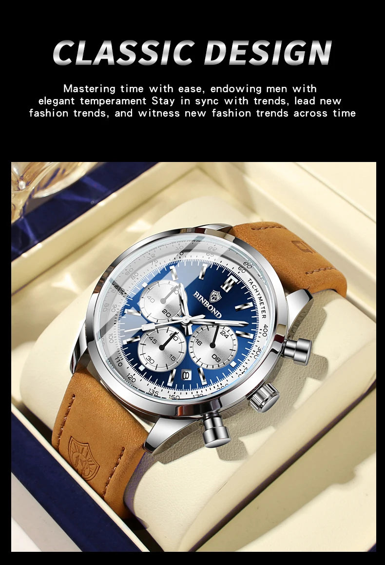 BINBOND Fashion New Quartz Men's Watch Leather Watchband Luminous Waterproof Timer Sports Business Man Watches Relogio Masculino