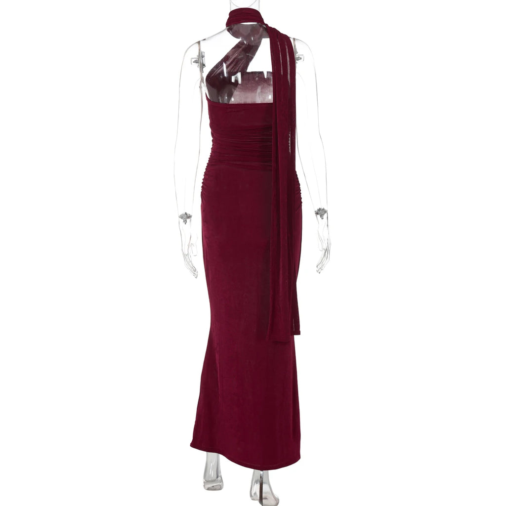Hugcitar Elegant Solid Halter Sleeveless Backless Ruched Sexy Bodycon Maxi Dress Summer Women Y2K Outfit Evening Party Festival
