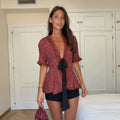 Women's Vintage Fringed V-Neck Blouse – Short Sleeve Lace-Up Ruffle Top | Chic Summer Fashion Shirt 2026