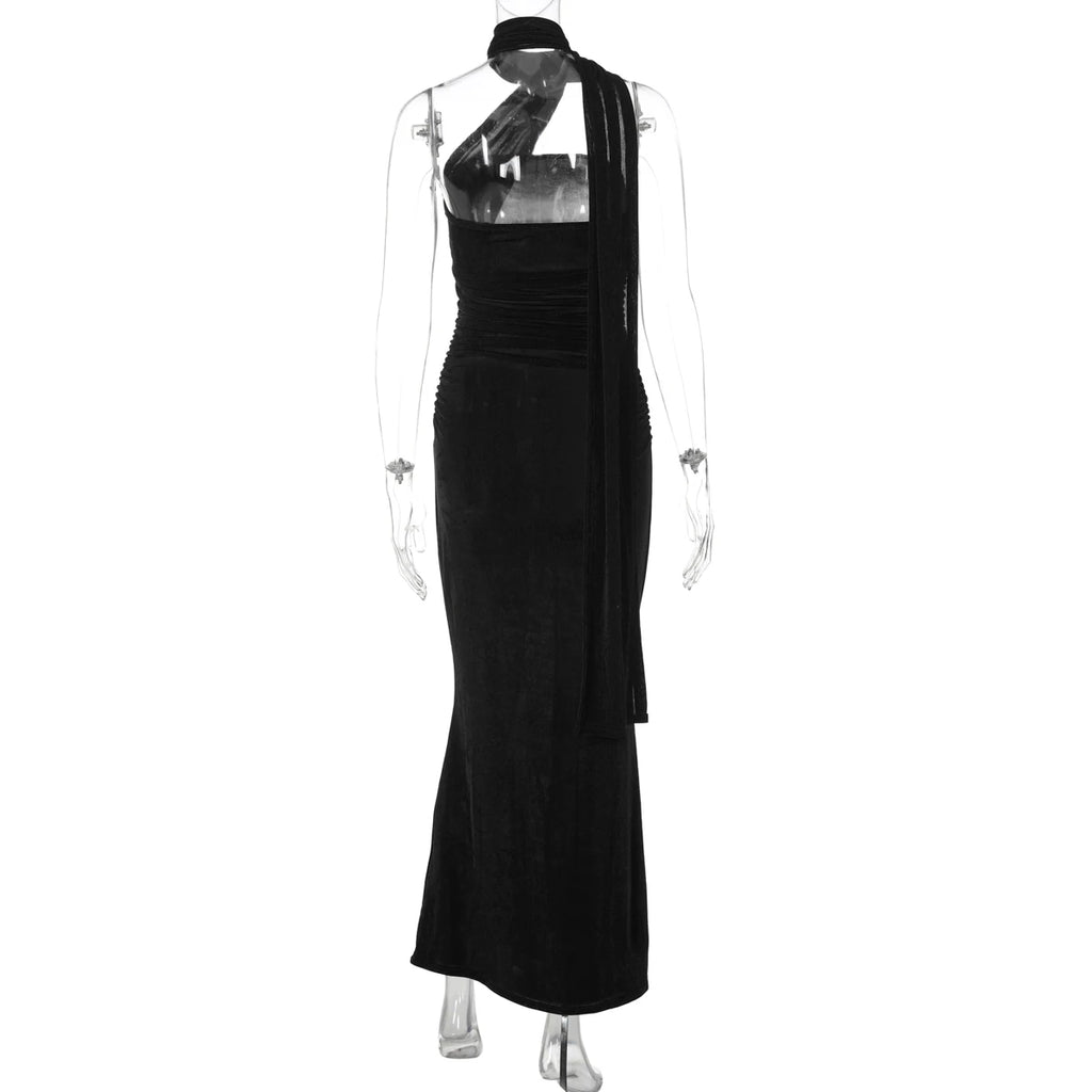 Hugcitar Elegant Solid Halter Sleeveless Backless Ruched Sexy Bodycon Maxi Dress Summer Women Y2K Outfit Evening Party Festival