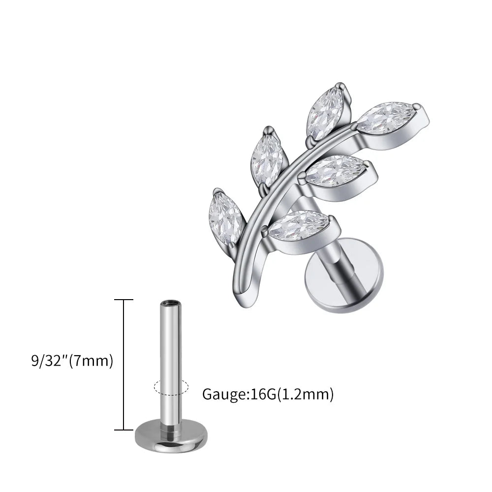 Right Grand ASTM F136 Titanium 16G Marquise CZ Leaves Stud Earring Leaf Shaped Helix Cartilage Conch Flat Back Piercing Jewelry