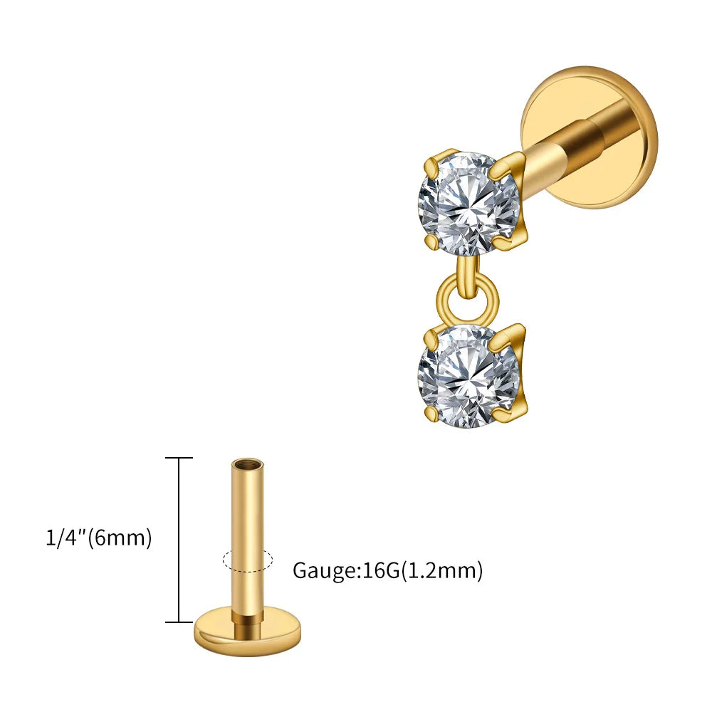 Right Grand ASTM F136 Titanium 16G Double CZ Floating Dangle Tragus Helix Cartilage Stud Internally Threaded Charm Drop Earring