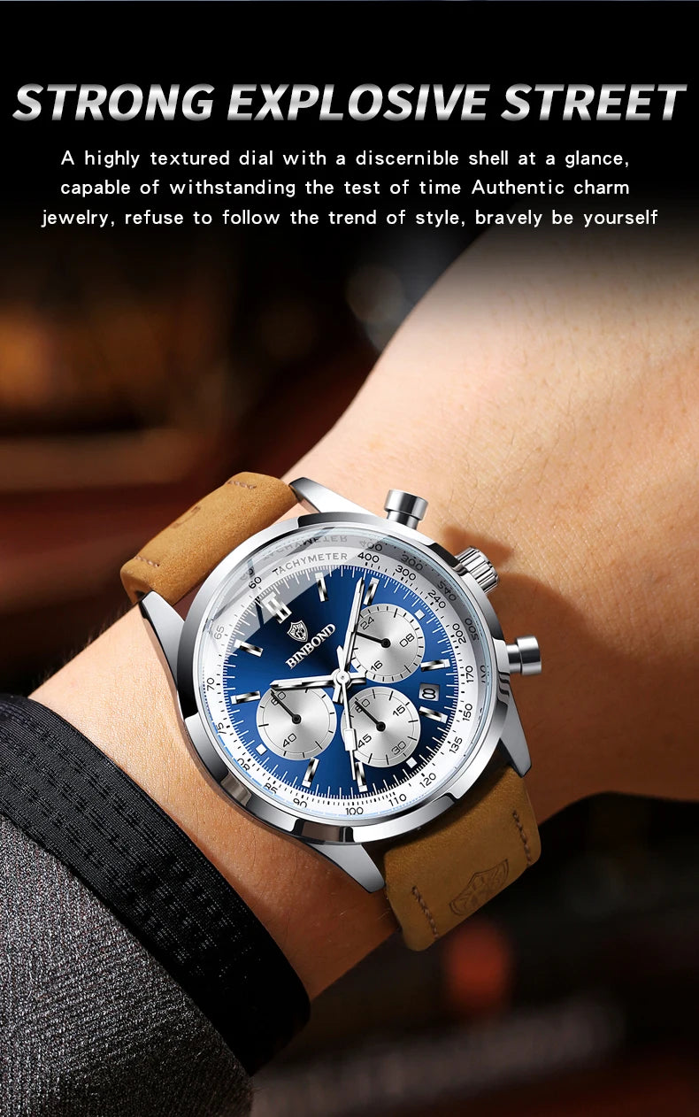 BINBOND Fashion New Quartz Men's Watch Leather Watchband Luminous Waterproof Timer Sports Business Man Watches Relogio Masculino