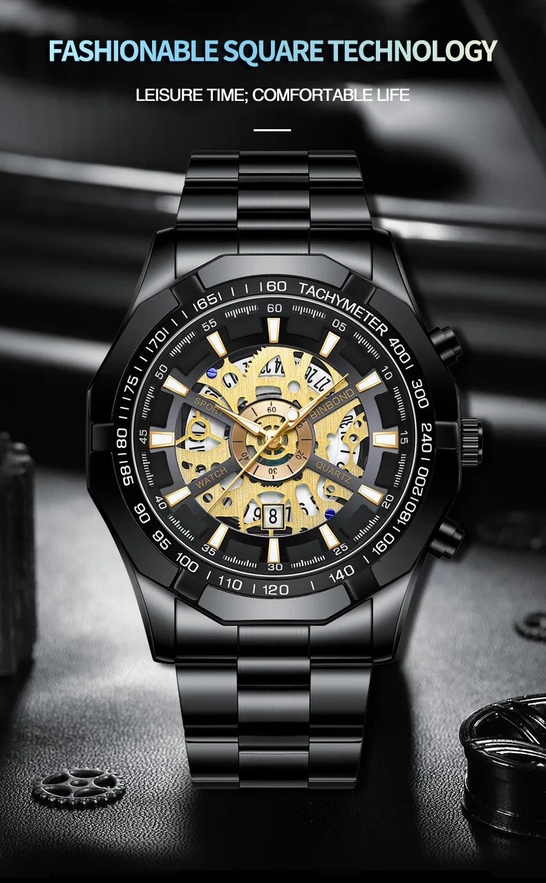 Binbond Mens Watches Top Brand Luxury Stainless Steel Waterproof Hollow Out Blue Big Male Wristwatches Relogio Masculino 2023