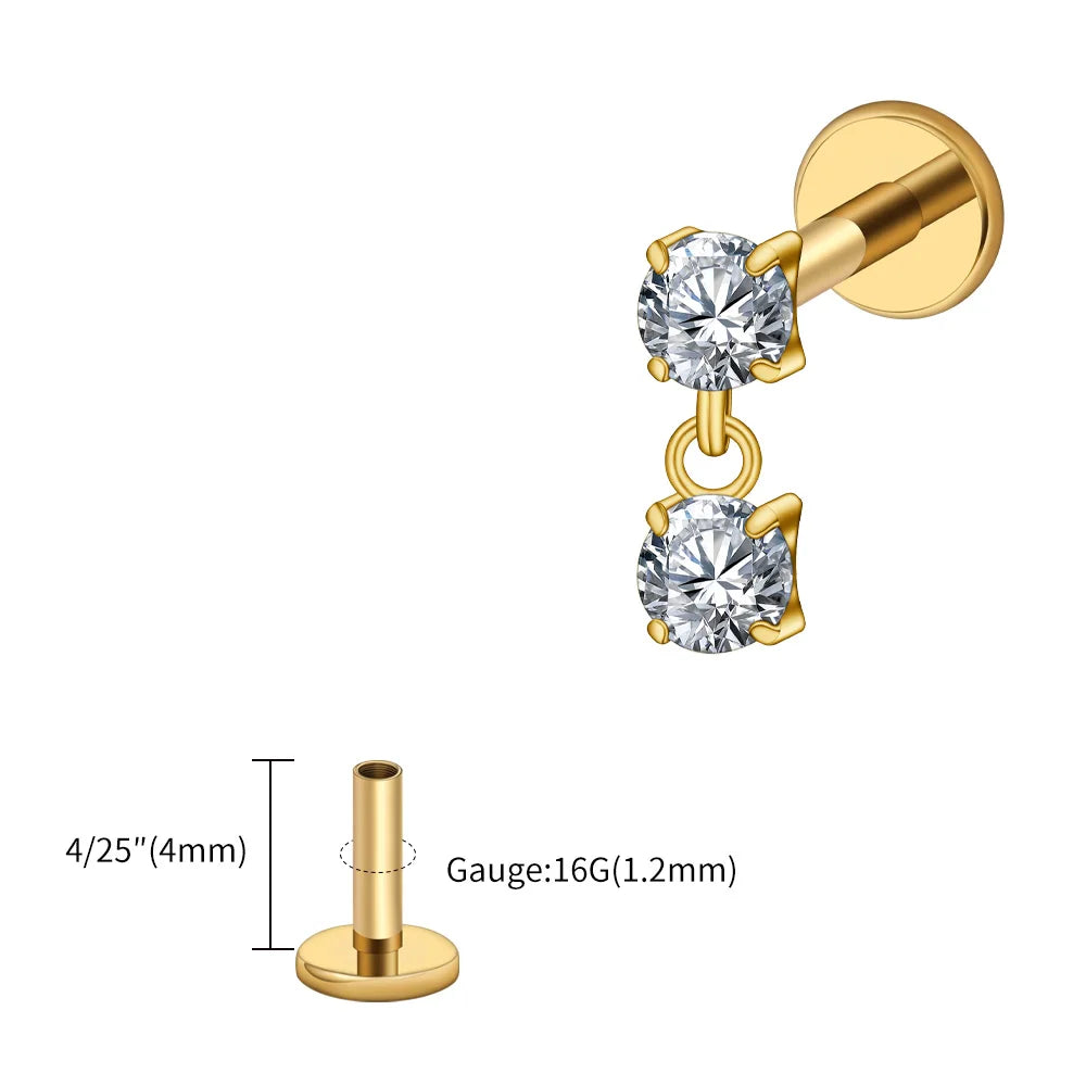 Right Grand ASTM F136 Titanium 16G Double CZ Floating Dangle Tragus Helix Cartilage Stud Internally Threaded Charm Drop Earring