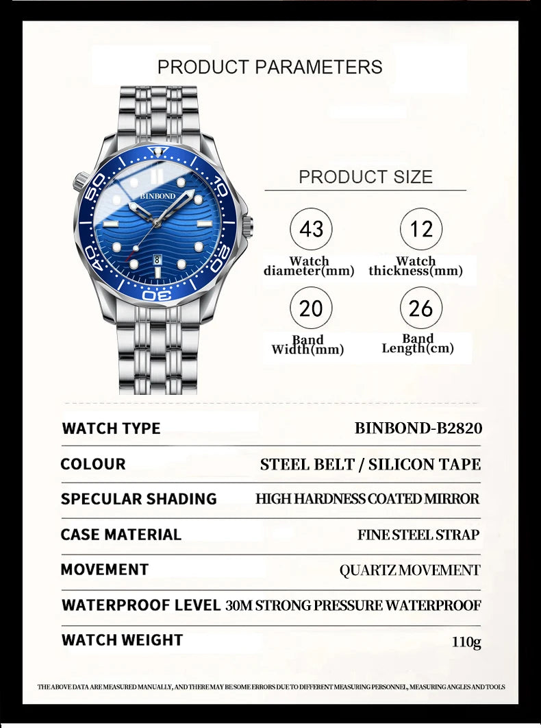 BINBOND Brand New Fashion Ultra-thin Sea Horse Series Men Business Quartz  Watches Waterproof Luminous Sports Casual Men's Watch