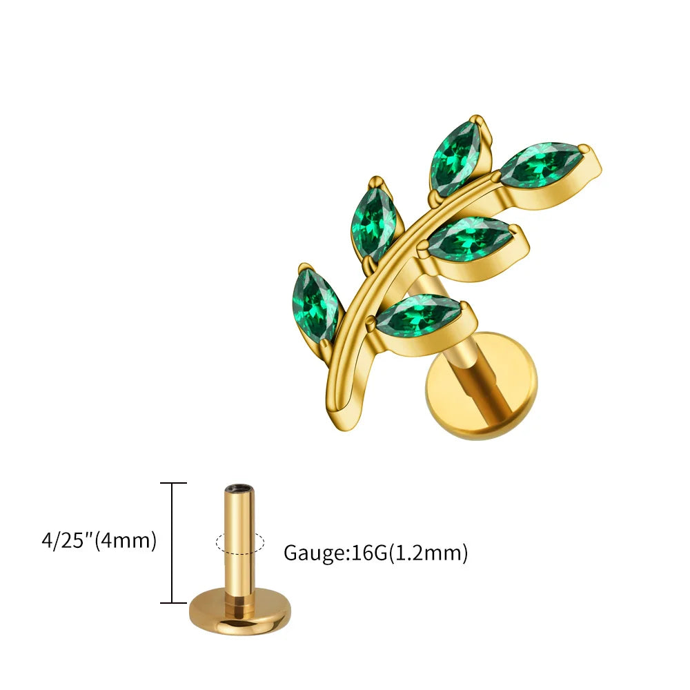 Right Grand ASTM F136 Titanium 16G Marquise CZ Leaves Stud Earring Leaf Shaped Helix Cartilage Conch Flat Back Piercing Jewelry
