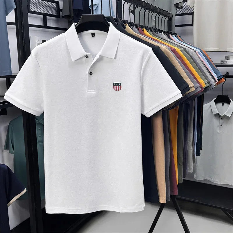 Men's Summer Luxury 100% Cotton Polo Shirt, Lapel Print Short Sleeve T-shirt, Breathable Business Casual Menswear