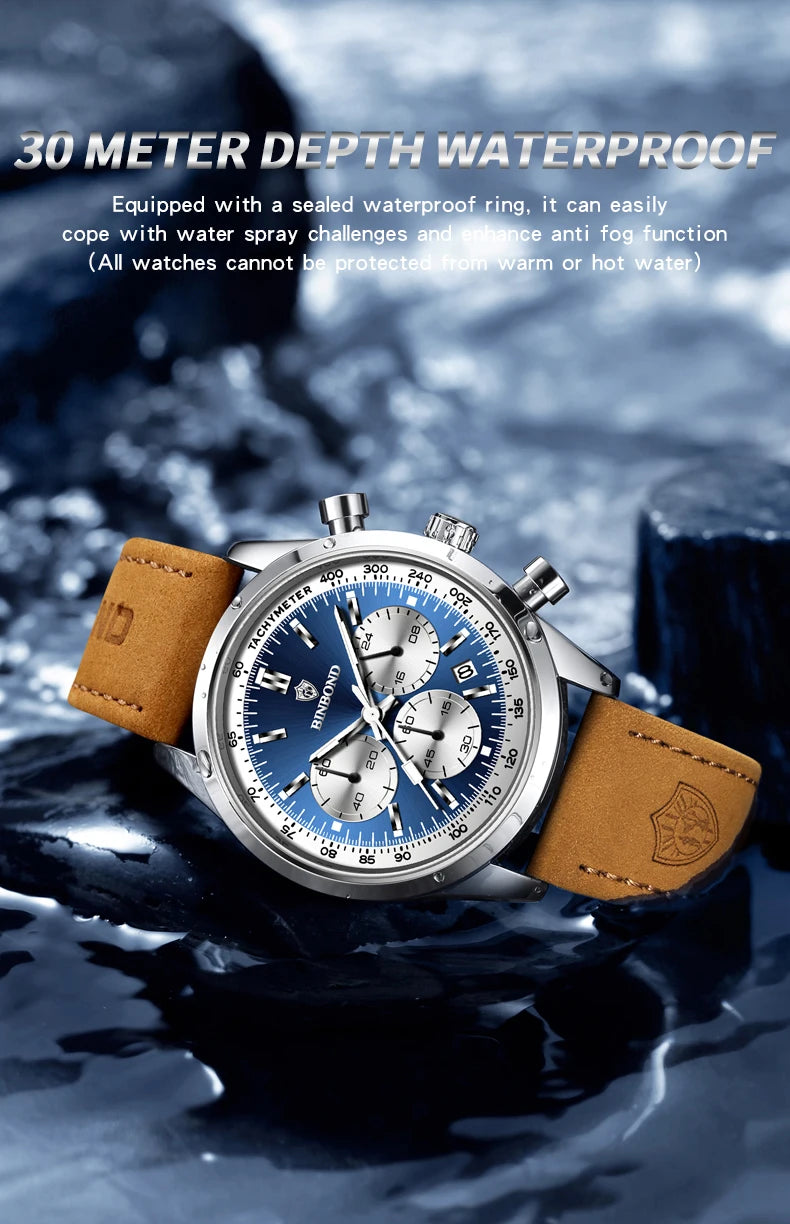 BINBOND Fashion New Quartz Men's Watch Leather Watchband Luminous Waterproof Timer Sports Business Man Watches Relogio Masculino