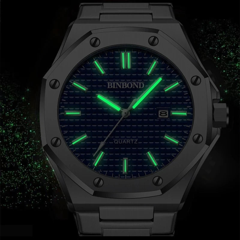 BINBOND B0233 Fashion Casual Men Watches Big Dial blackStainless Steel Calendar Quartz Wristwatch Classic Top Brand Male Clock