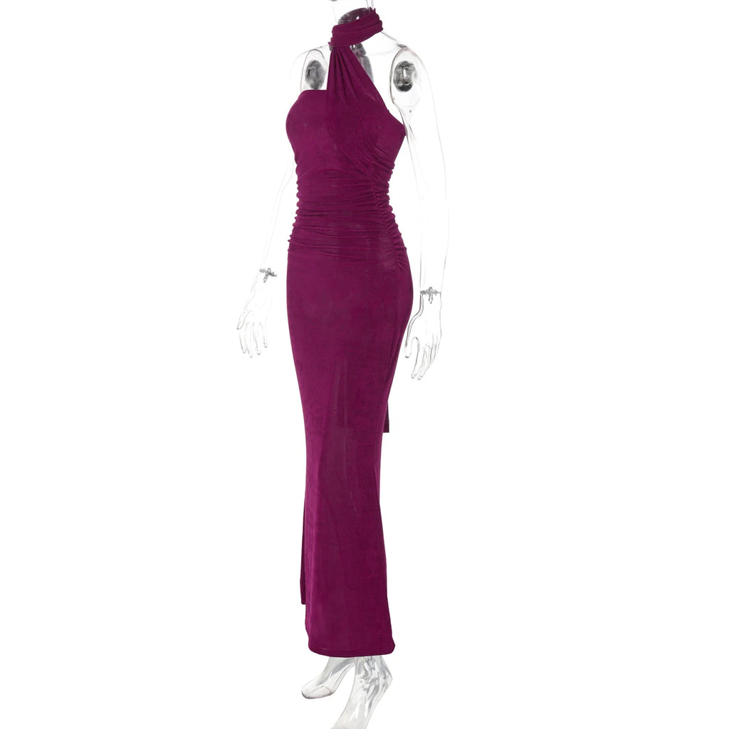 Hugcitar Elegant Solid Halter Sleeveless Backless Ruched Sexy Bodycon Maxi Dress Summer Women Y2K Outfit Evening Party Festival