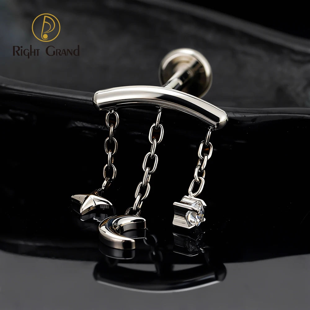 Right Grand ASTM F136 Titanium Hidden Helix Chain Earring 16G Dainty Star Moon CZ Dangle Cartilage Stud Piercing Jewelry