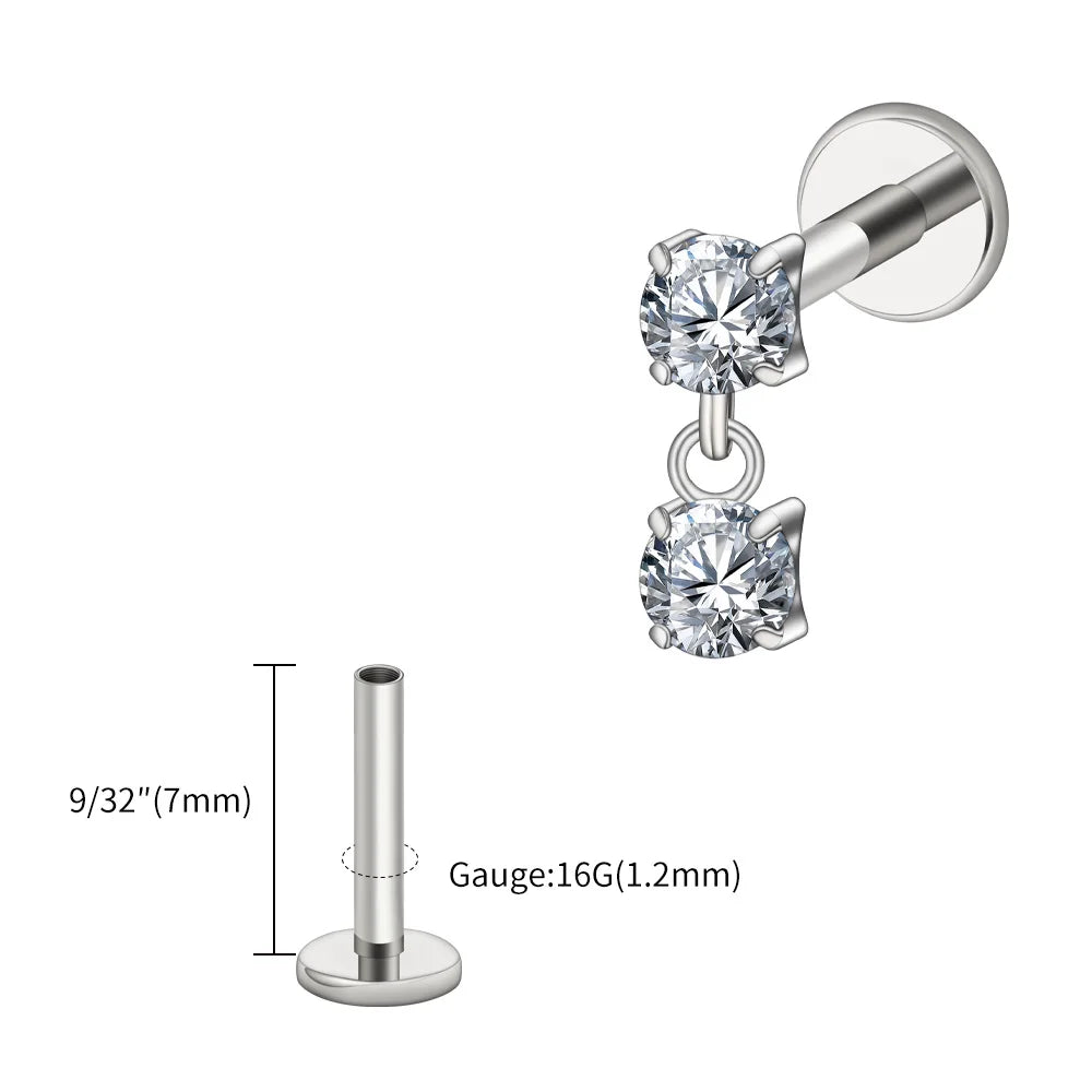 Right Grand ASTM F136 Titanium 16G Double CZ Floating Dangle Tragus Helix Cartilage Stud Internally Threaded Charm Drop Earring