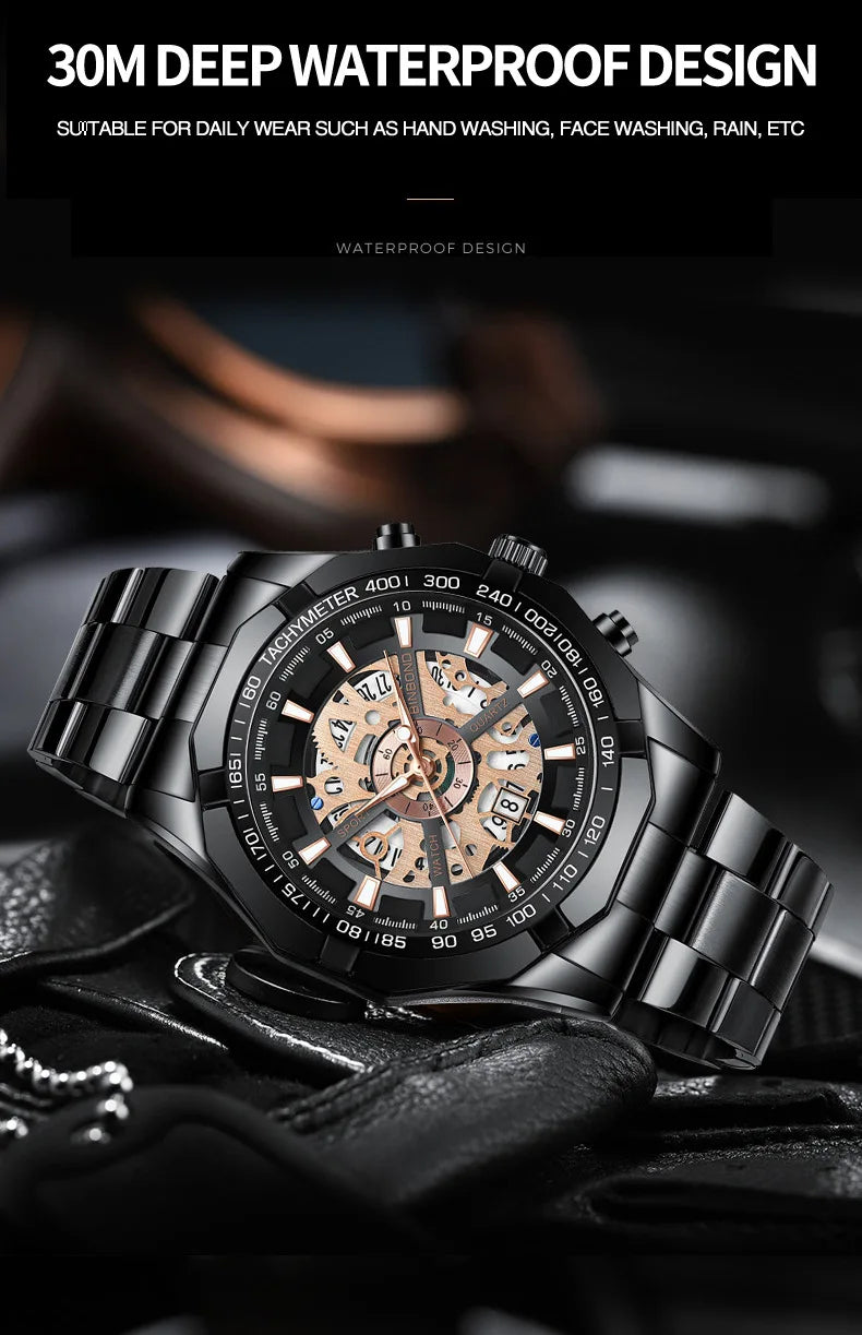 Binbond Mens Watches Top Brand Luxury Stainless Steel Waterproof Hollow Out Blue Big Male Wristwatches Relogio Masculino 2023