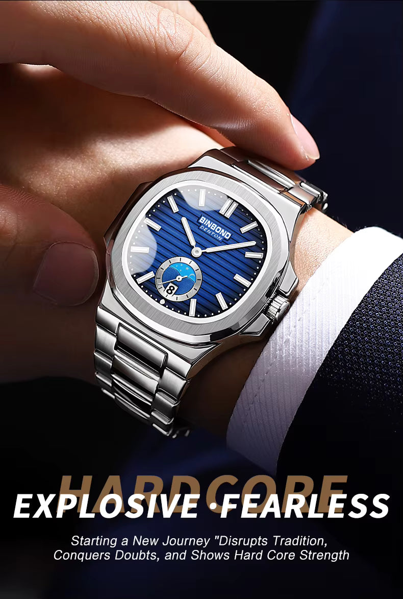 BINBOND Men's Business Quartz Watch – Stainless Steel Waterproof Wristwatch