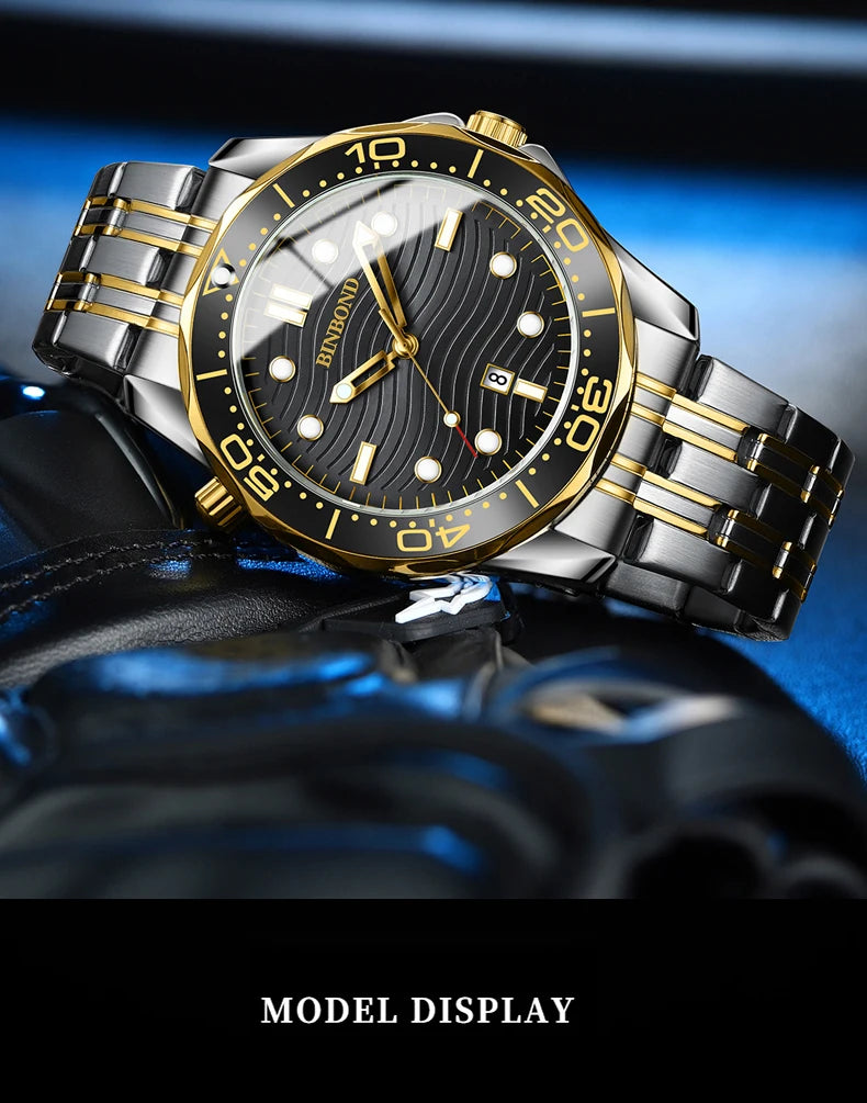 BINBOND Brand New Fashion Ultra-thin Sea Horse Series Men Business Quartz  Watches Waterproof Luminous Sports Casual Men's Watch
