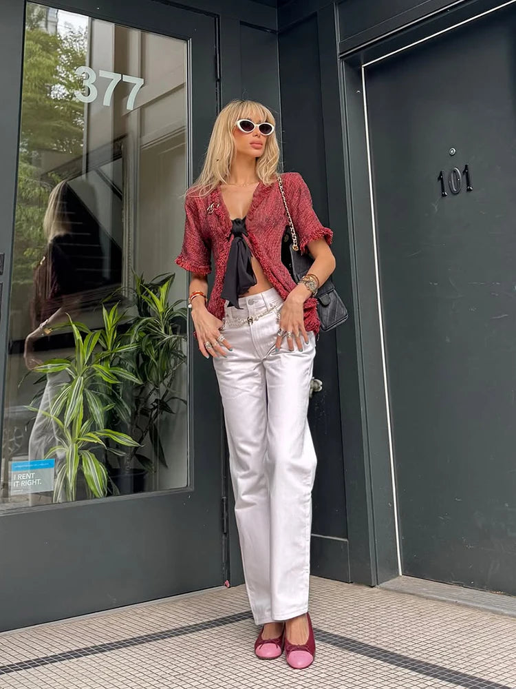 Women's Vintage Fringed V-Neck Blouse – Short Sleeve Lace-Up Ruffle Top | Chic Summer Fashion Shirt 2026