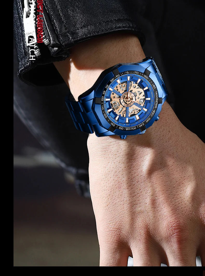 Binbond Mens Watches Top Brand Luxury Stainless Steel Waterproof Hollow Out Blue Big Male Wristwatches Relogio Masculino 2023